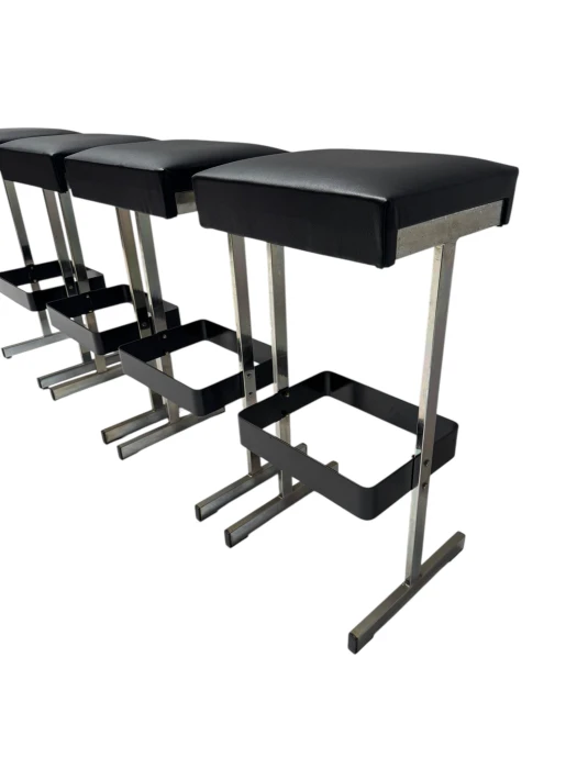 Four Mid-Century Modern Bar Stools with Black Leather Seats, 1970s